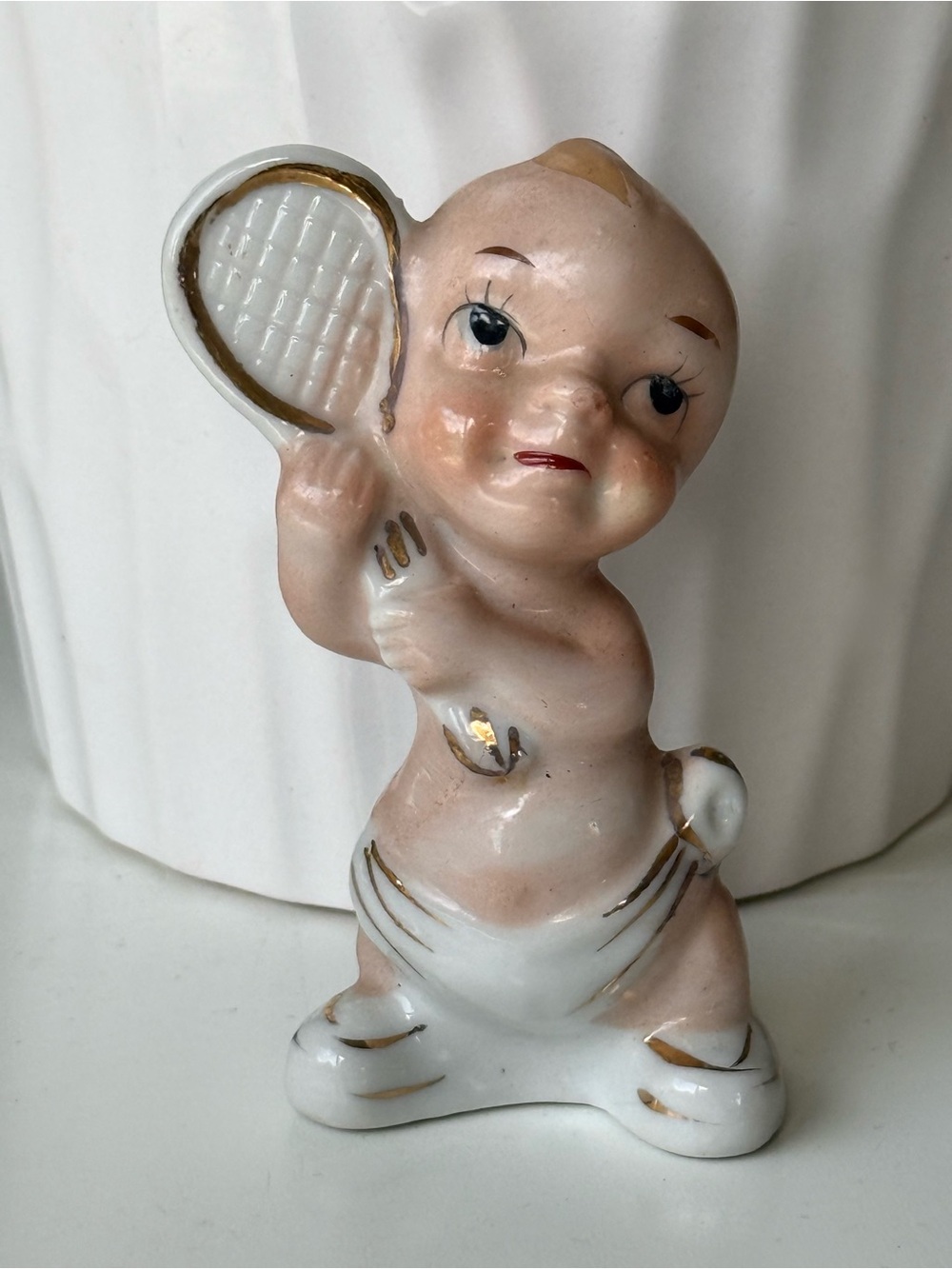 Vintage Mid Century Japan Hand Painted Ceramic Kewpie Tennis Baby Figurine
